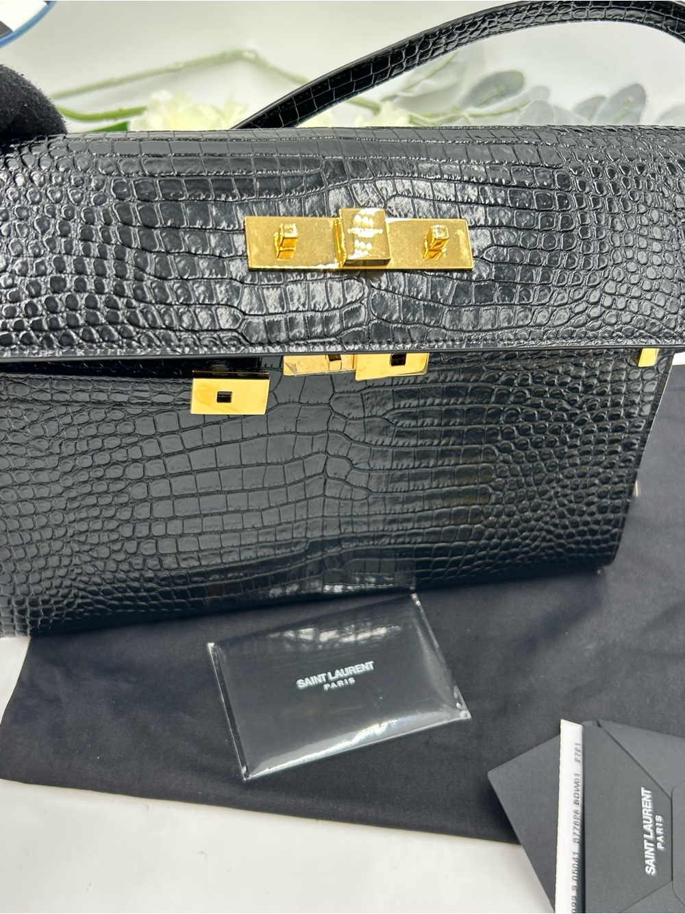 Saint Laurent Manhattan Croc-Embossed Leather Shoulder Bag with Gold-Tone Hardwa - Picture 2 of 14